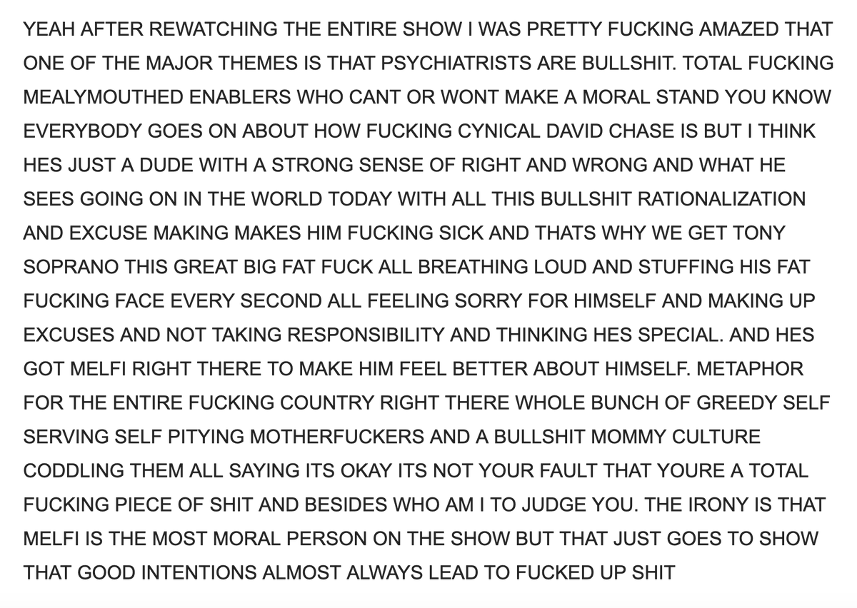 robkhenderson's tweet photo. Reminds me of AVClub TV review commenter (handle "Zodiac Motherfucker") on the themes of The Sopranos. One of the greatest of online tv rants: https://t.co/kUZS46Q5GO