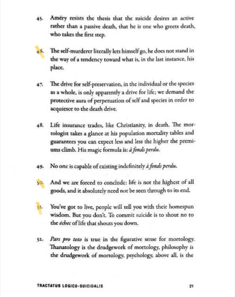 sayingthankyous's tweet photo. Few suicide-obsessives follow through; they dawdle, indulgent, replacing life not with death but a dilemma they resolve not to resolve, all the while milking the body its eating, shitting, sleeping. Hermann Burger penned 1,046 aphorisms on killing oneself and then killed himself. https://t.co/zk3BXS0vZH