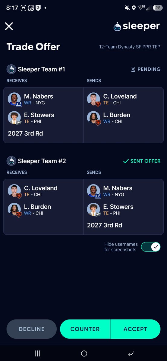 Bsmith50301's tweet photo. @DynastyJuggFF 12 team SF 1 point TEP https://t.co/U9PRv4Yhjo
