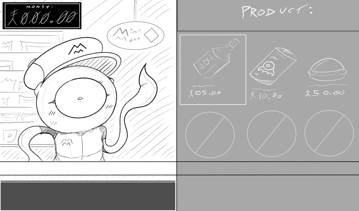 Fordemon69's tweet photo. こんにちは、投稿が遅れてしまってすみません。ここに私のゲームのUIデザインとショップ（そして店員）のコンセプトを置いておきます：ムタンブノダイボウケン。リプの方に追加のコンセプトを載せておきます。
#art #gamedev #ゲーム開発 #indie #アート #スケッチ #ゲーム開発 #スケッチ https://t.co/ghBMgjZta2
