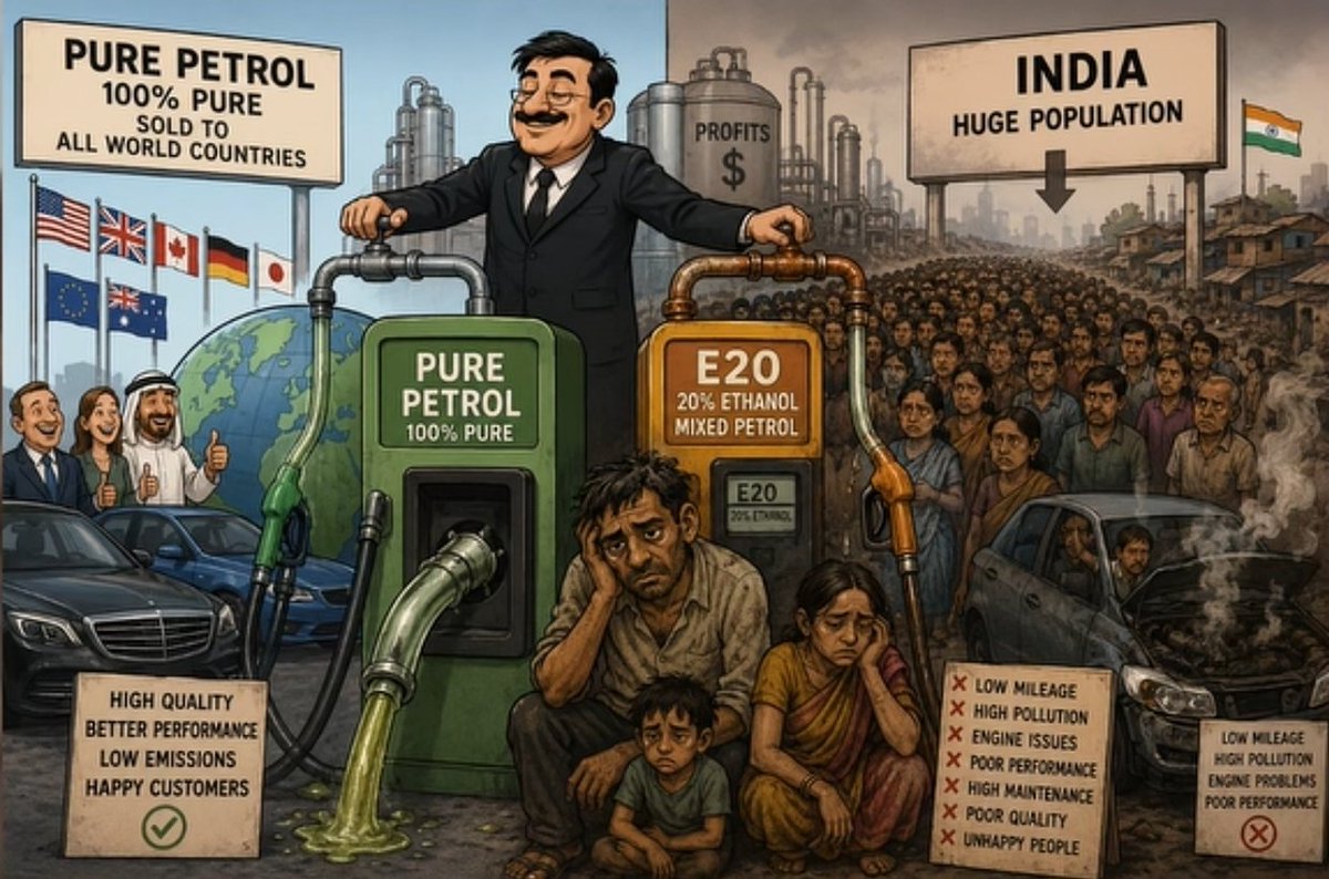Ashwath_AR's tweet photo. India exports refined petroleum products globally, yet Indian consumers are denied the choice of pure petrol while E20 becomes the default. If pure petrol meets global standards, why not let Indians choose too? Energy security matters—but so does consumer choice. 🇮🇳 #E20 #Fuel https://t.co/TCFyo0J1U6