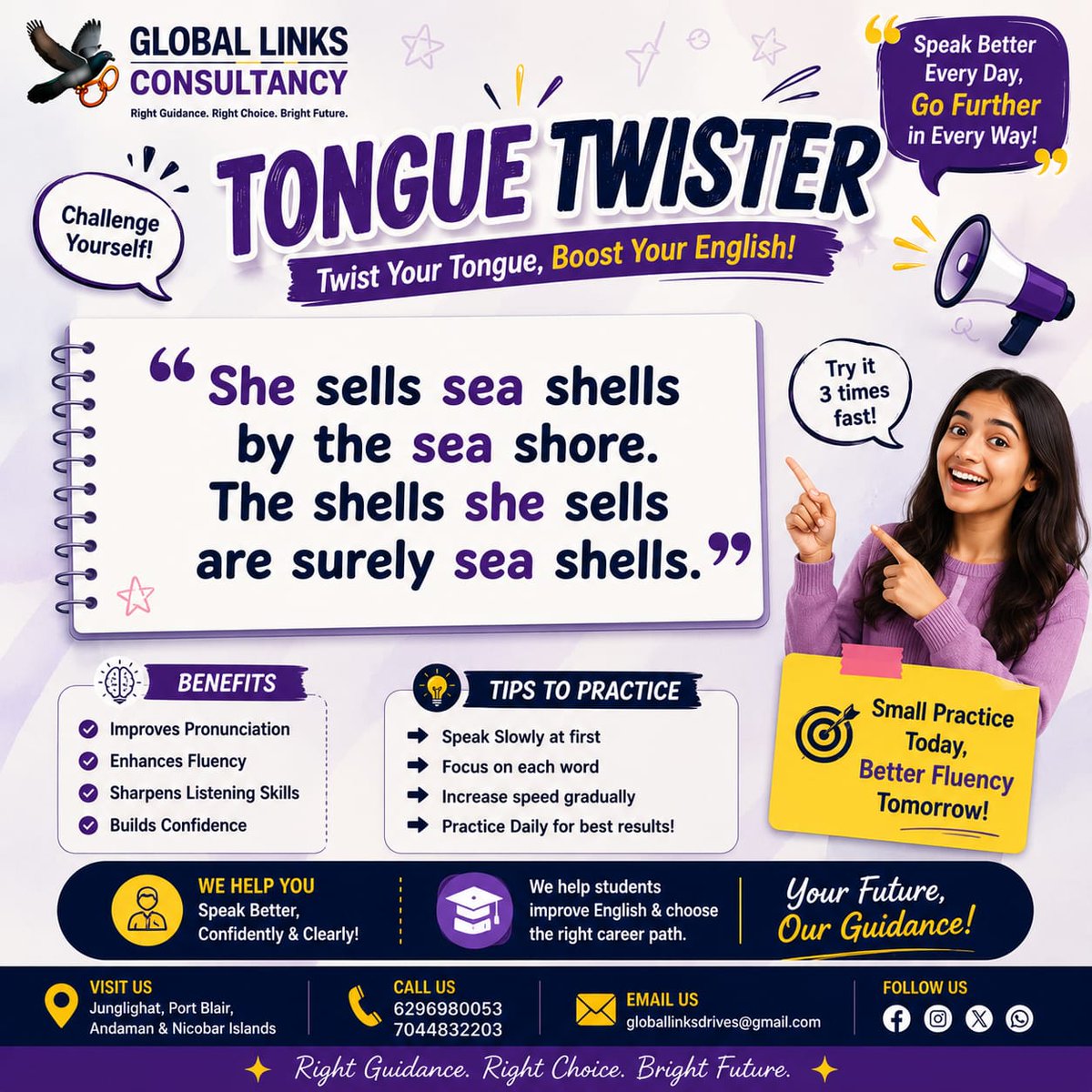 GLintensiveEng's tweet photo. 🗣️ Think your English pronunciation is excellent? Prove it! 😄
🎯 Tongue Twister Challenge
#TongueTwister #EnglishChallenge #PronunciationPractice #SpokenEnglish #LearnEnglish  #FluentEnglish  #DailyEnglish #CommunicationSkills #SpeakWithConfidence #PortBlair #AndamanAndNicobar https://t.co/NBs2Bj9jNH