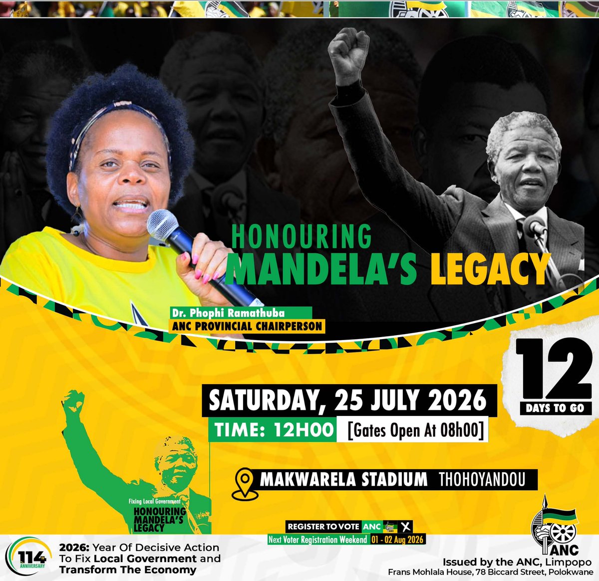 ANCLimpopo's tweet photo. #12DaysToGo to the ANC Limpopo Mandela Legacy Rally at Makwarela Stadium, Thohoyandou. https://t.co/aLtA7Bak4l