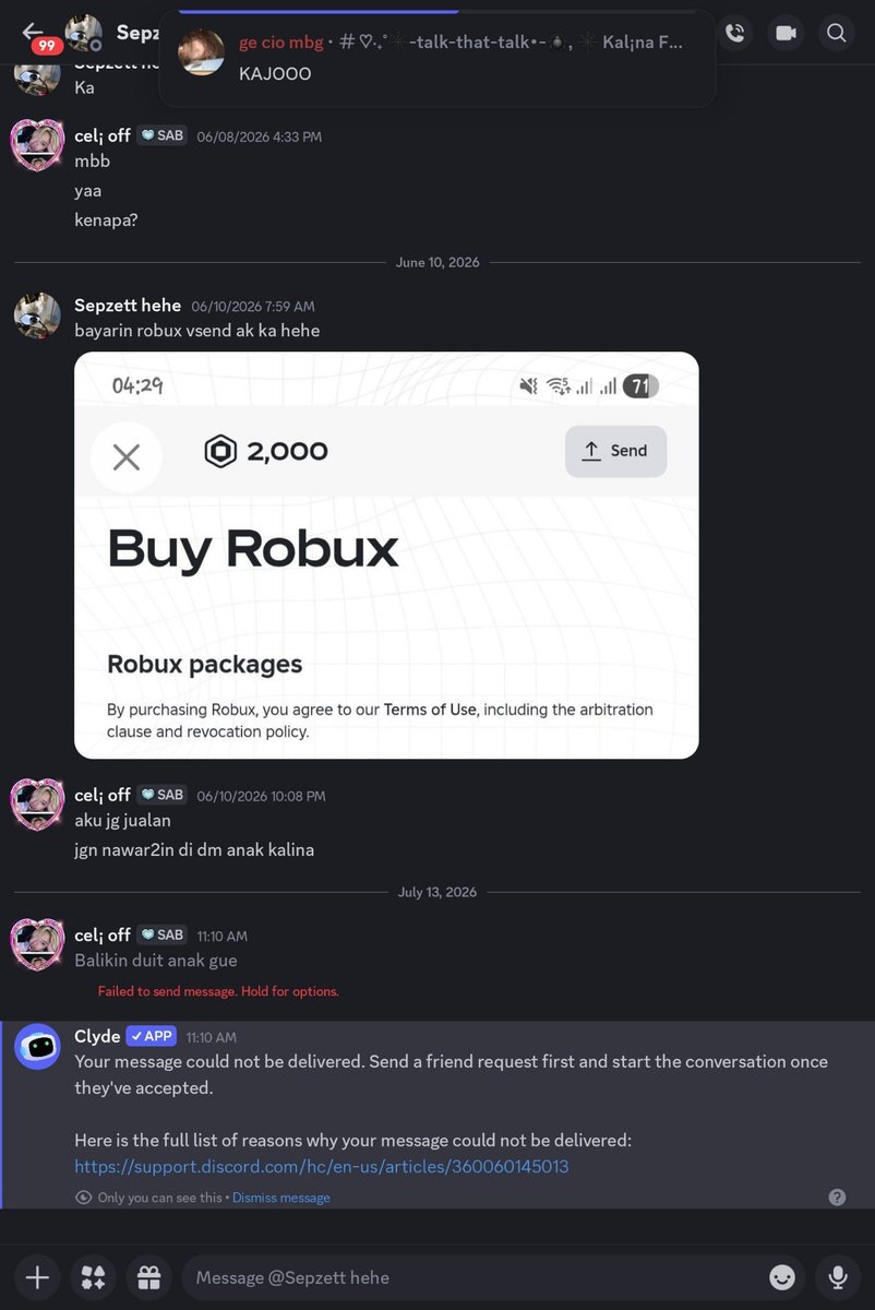 celrimgx's tweet photo. Izin share penipu yang kena anakku sihh dan not roblox related tp pernah nawarin aku robux. Dia join" komunitas dan ngedm member" kalau ada dia di servermu lgsg kick aja yahh. Qris Aska Shop Ok2768947, nomor hp (dana) 081938926148, nama dc sepzetthehe https://t.co/QxHh4lnZaZ