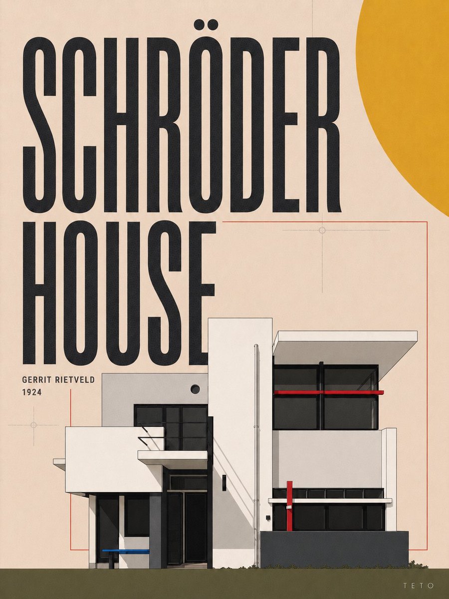 teito_potato's tweet photo. ARCHITECTURE AS ART｜VOLUME 05

第5弾は、ヘリット・リートフェルト《シュレーダー邸》。

水平・垂直の線と原色で構成された、デ・ステイルを象徴する住宅。
空間そのものを一つの抽象芸術として表現した、近代建築史に残る名作です。

#建築 #architecture #アートポスター #名建築 https://t.co/RzoTFFB38S