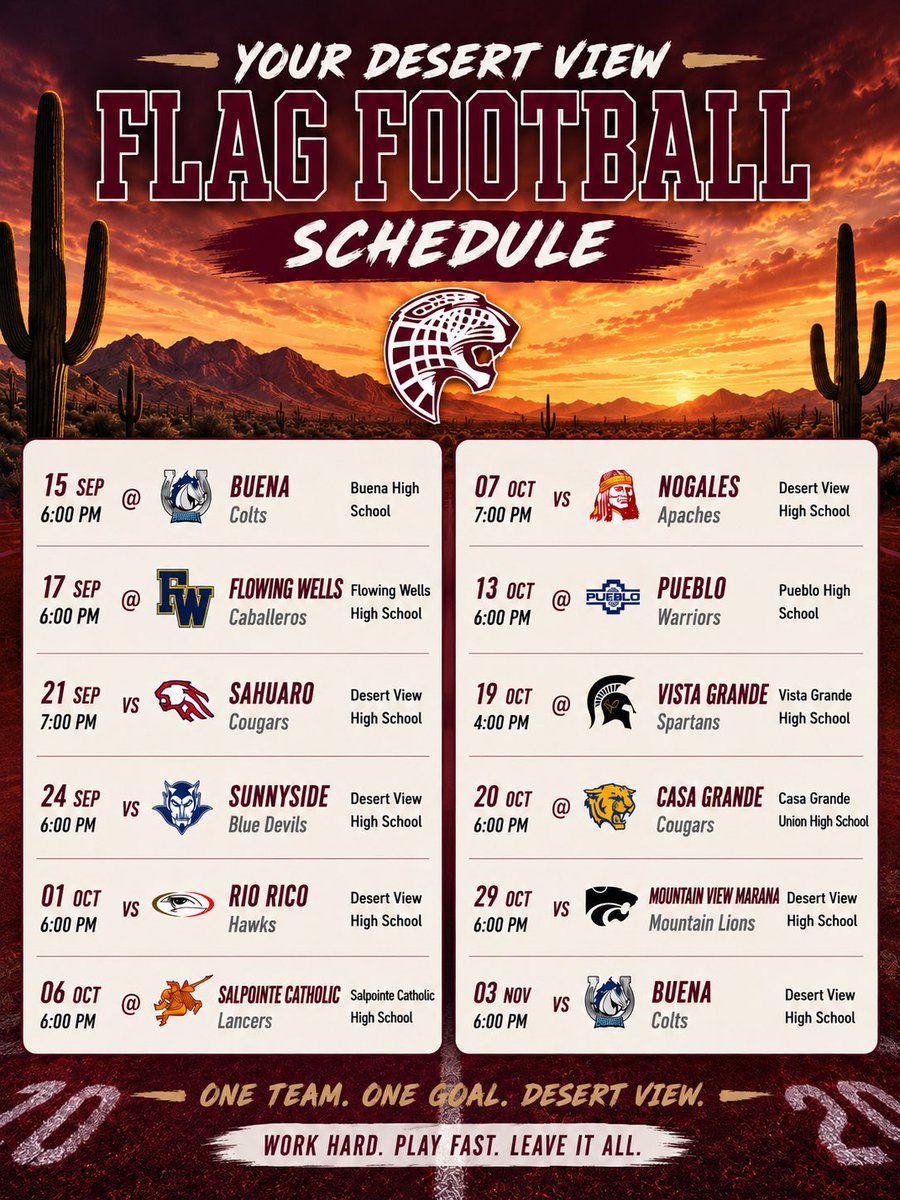 DVHSGFF's tweet photo. The Fall 2026 Desert View Flag Football Schedule. See you under the lights. 🐆🏈
#DesertView #JaguarNation #FlagFootball https://t.co/Sed1II3xyl