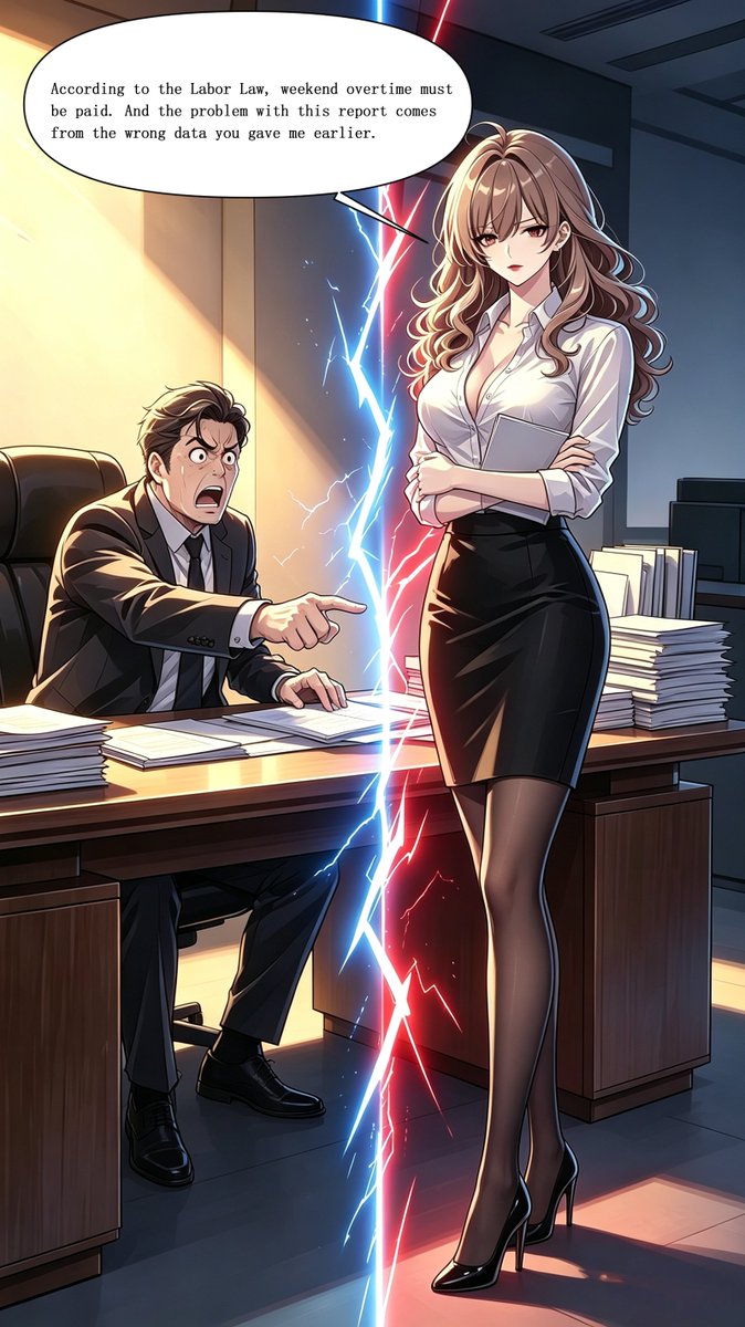 suwan_OL's tweet photo. 【Boss's Malicious PUA (2/2)】

Just as the boss continued smirking and threatening her—

Suwan’s hair suddenly turned into voluminous waves.

Her eyes instantly became sharp and cold.

“According to the Labor Law, weekend overtime must be paid. And the problem with this report comes from the wrong data you gave me earlier.”

She calmly pointed out the errors and refused to work unpaid overtime.

The boss’s expression changed, his tone softened, and he eventually had to back down.

After switching back to straight hair mode, Suwan leaned against the office wall, heart pounding…

So… I can protect myself too.

#Manga #AIArt #WorkplaceStories #Empowerment
