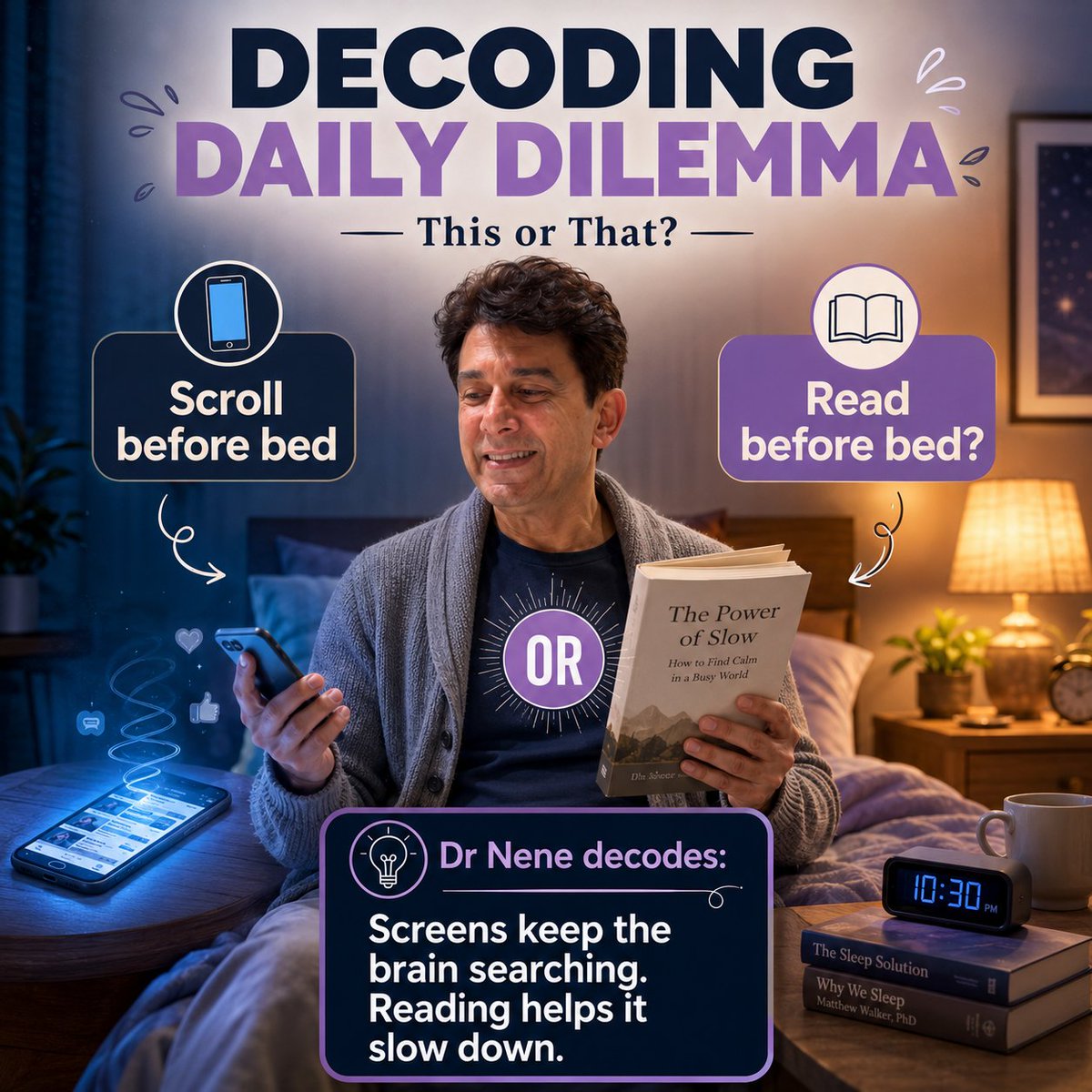 DoctorNene's tweet photo. Your brain doesn’t “switch off” just because the lights do.
A late-night scroll keeps the mind searching.
A few pages can help it slow down.
Tonight’s sleep starts with your last 30 minutes.
#DecodingDailyDilemma #SleepHealth #DigitalWellbeing #Longevity #DrNene https://t.co/CYeYaJ9Pcz