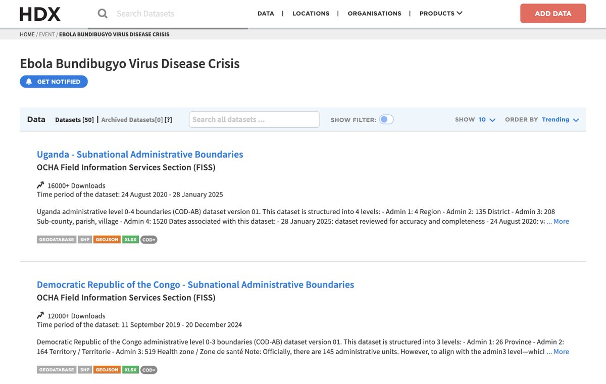 humdata's tweet photo. ⚠️ The Ebola Bundibugyo Virus Disease page on HDX brings together 50 datasets for DR Congo and Uganda from @flowminder, @WorldPopProject, @IDMC_Geneva and more. Sign up to get notified when new data is added.

https://t.co/i0XIxMQQ24 https://t.co/nBlP06HB2r