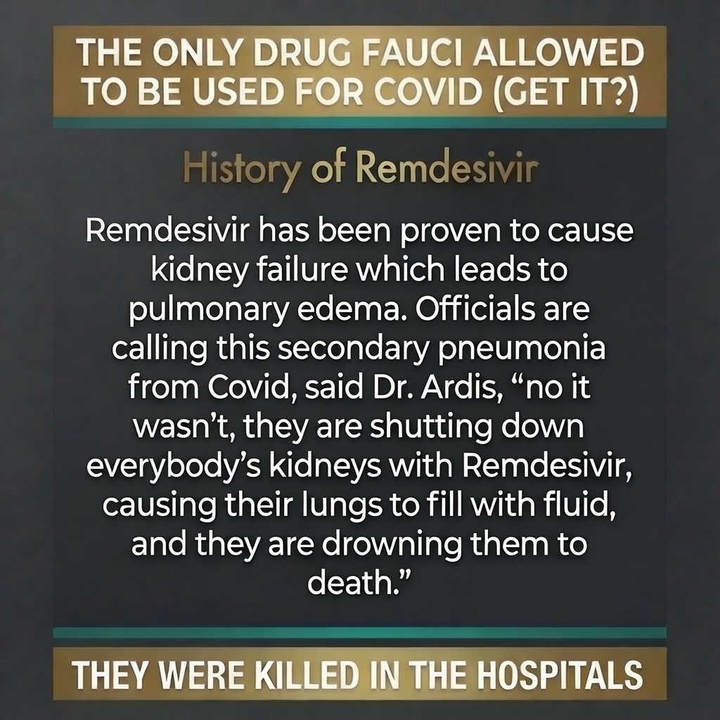 ValerieAnne1970's tweet photo. THEY DIDN’T DIE OF COVID — THEY WERE KILLED IN THE HOSPITALS

Remdesivir — the ONLY drug Fauci allowed — caused kidney failure that led to pulmonary edema. Patients drowned in their own lungs while officials called it “COVID pneumonia.”

Dr. Bryan Ardis warned the world. They didn’t listen.

This was medical murder on a massive scale.

How many more have to die before we demand accountability? It is still being used everyday in hospitals for all ages from birth to the elderly, FDA approved Remdesivir to be used on infants last year.

Never forget. Never forgive. Never accept Remdesivir.