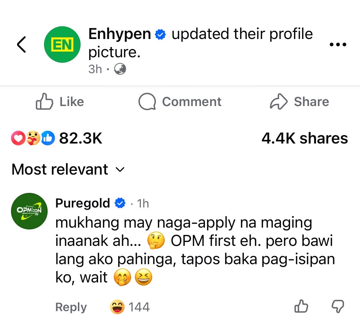 kngyzas's tweet photo. puregold ph commented on enhypen’s new logo on facebook and said, “looks like someone is applying to be one of my godchildren… but opm first (jokingly). i’ll have a rest first, then i’ll think about it.”

for those who don’t know, puregold calls their endorsers their “godchildren,” and they just had a BIG sold-out concert last saturday. so if they ever get enhypen as one of their endorsers, there’s a chance they could be part of their yearly concert or even have a separate concert or fan meeting. that’s literally a win for ph engenes.

puregold is also one of the biggest grocery store in the philippines, so yes, this is a BIG deal 😭 if you’re a puregold endorser, your face will be displayed in 450+ stores nationwide, and every branch gets a huge number of customers every day.

oh ninang, make it happen, i’m begging 😭 i need my sb19 and enhypen to collide. that’s literally my two worlds.