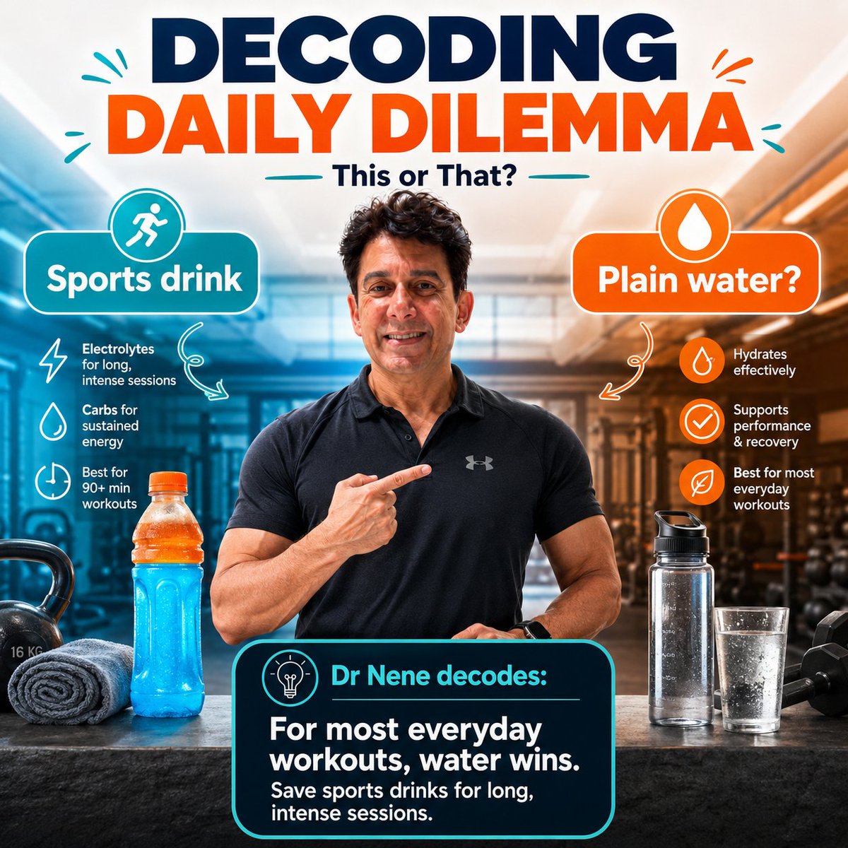 DoctorNene's tweet photo. For most everyday workouts, water wins.
Sports drinks have a place - long, intense sessions, heavy sweating, specific needs.
But for a regular workout?
Don’t drink extra sugar pretending it’s recovery.
#DecodingDailyDilemma #Hydration #Fitness #HealthyChoices #MetabolicHealth https://t.co/E5M1dsJoOa