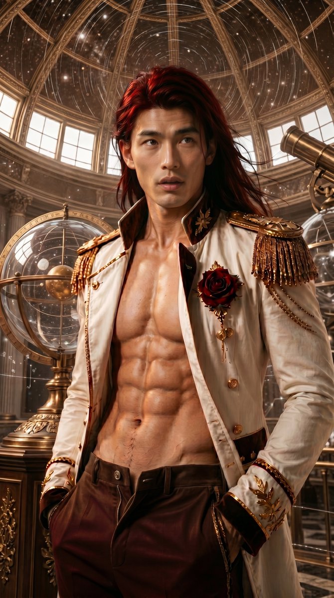 wiss0706's tweet photo. 🌹 Under the golden-brown starlight crafted by Aster, swirling around the simulated dome like a heavenly vortex 🌟
❤️ Kael Voss, the perfect-looking yet chillingly cold student council president, like a living statue of a god
… smiled.
“Look at this… it’s really quite stunning.”
(...If it were another guy, would we get to see a special moment like this? 👀🤎)

#Ohtori #AIart #yaoi #handsome