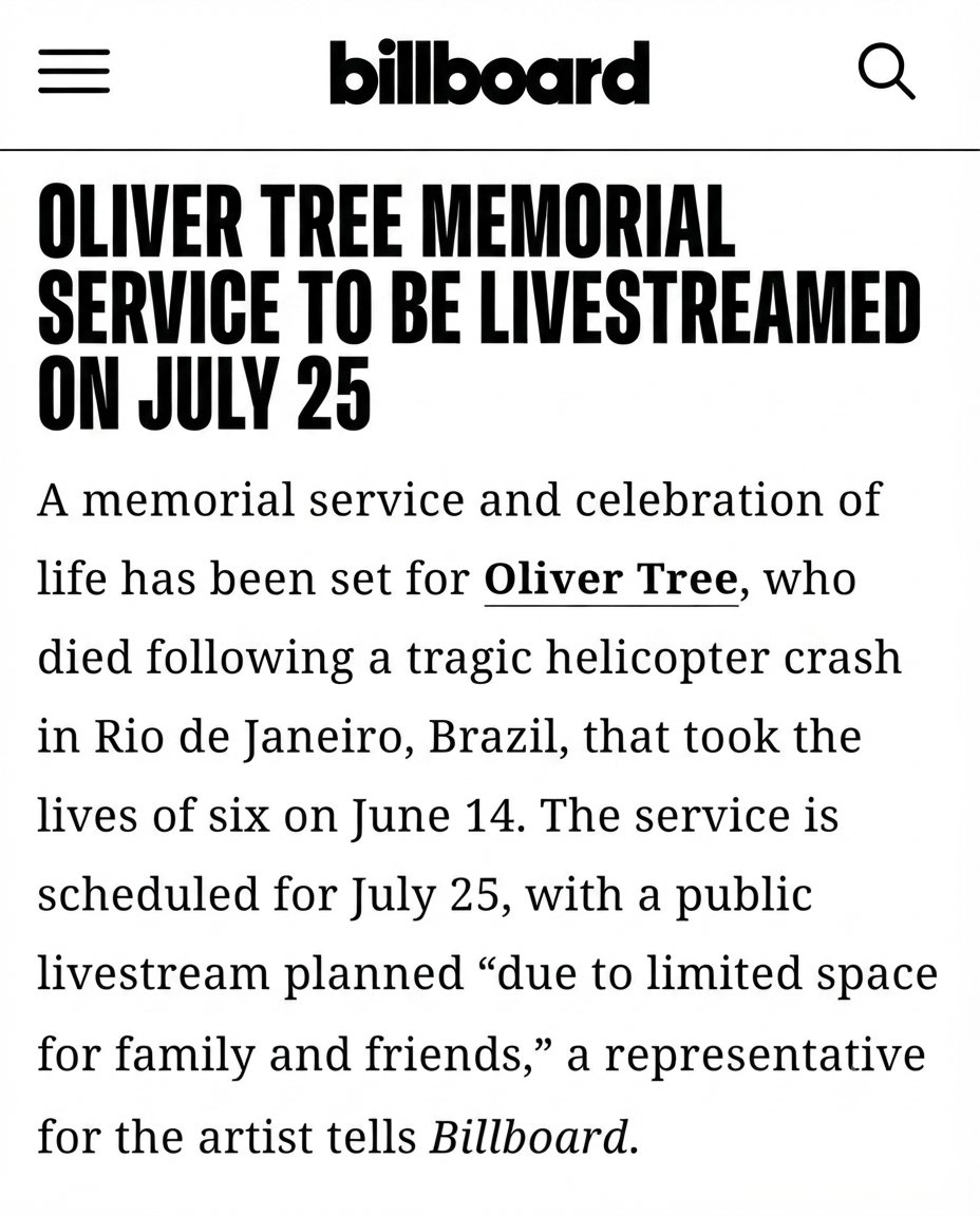 Mercurio2095171's tweet photo. El homenaje a Oliver Tree se llevará acabo este 25 de Julio en Estados Unidos. 

El evento estará limitado solo para familia y amigos más cercanos, pero será transmitido por de redes sociales.

Aarón ya confirmó su asistencia. https://t.co/jqli5H3LMB
