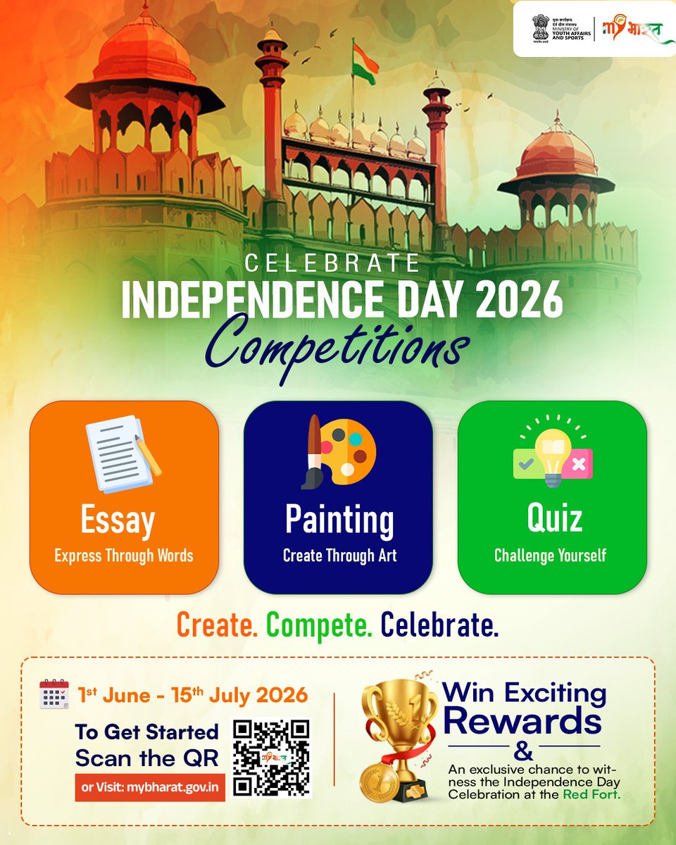 MYBharatHQ's tweet photo. Your creativity. Your patriotism. 

Take part in the Independence Day 2026 Essay, Painting &amp; Quiz contests on MY Bharat. Win exciting rewards and a chance to witness the Independence Day Celebration at the Red Fort.

🔗 https://t.co/KUejQO67yr

#MYBharat https://t.co/mqUiYZoMsD