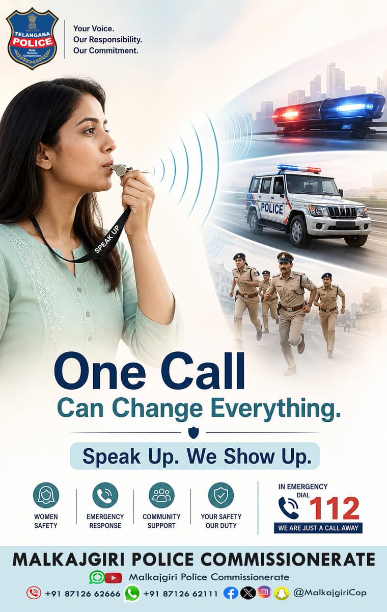NagolePS's tweet photo. One Call. One Voice. One Life Saved.
Your voice has the power to stop crime, save lives, and protect your community. Don't stay silent when you witness an emergency, crime, or suspicious activity.
📞 Dial 112. You Speak Up... We Show Up.
#Dial112 #SpeakUpWeShowUp #Malkajgiri Cop https://t.co/u4deEsU99W