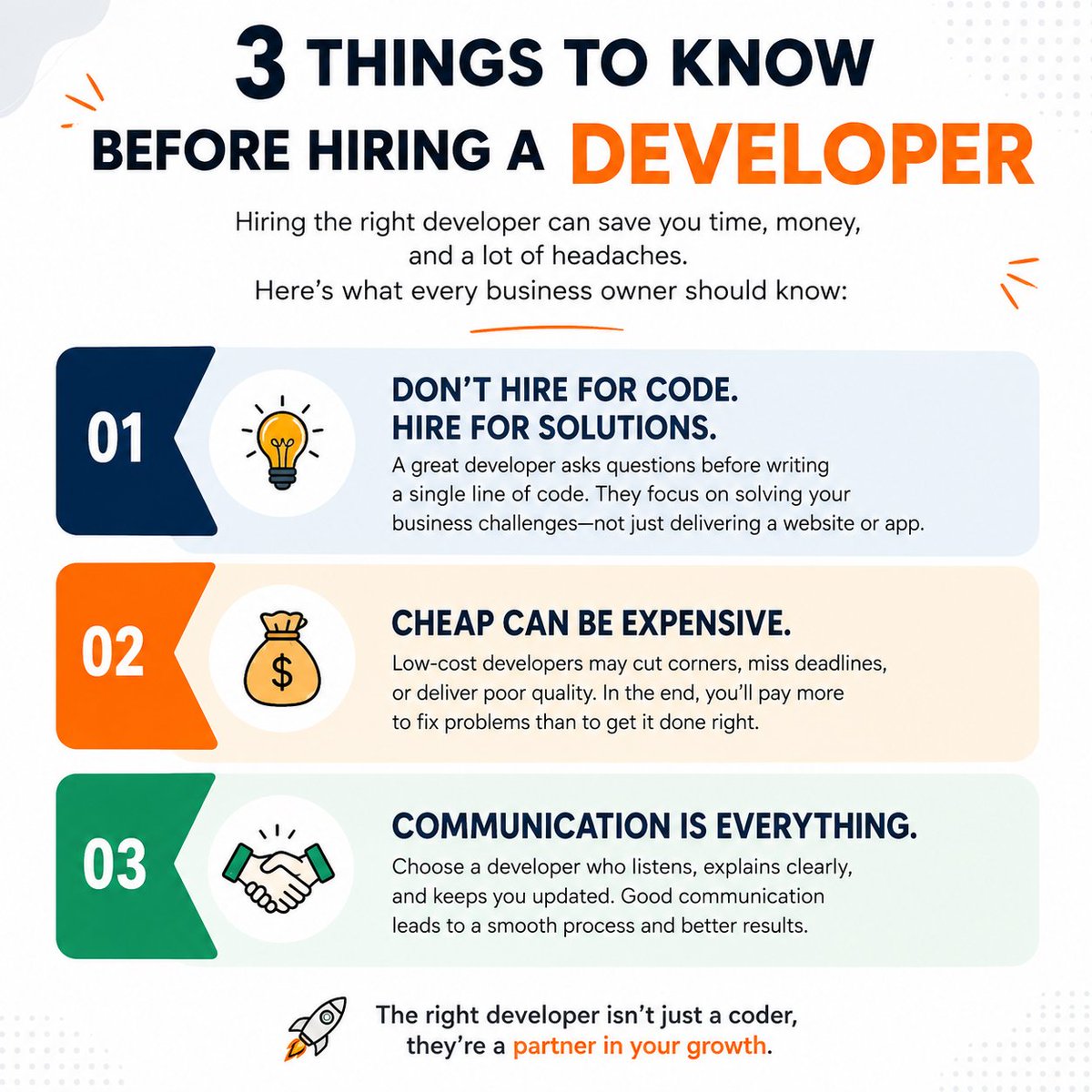 rldevstudios's tweet photo. 3 Things to Know Before Hiring a Developer

Hiring a developer isn't just about finding someone who can write code. It's about choosing a partner who understands your business and builds solutions that help you grow.

Here are 3 things every business owner should know:

1️⃣ Don't Hire for Code. Hire for Solutions.
A great developer asks questions before writing a single line of code. They focus on solving your business challenges—not just delivering a website or app.

2️⃣ Cheap Can Be Expensive.
That "affordable" developer might cost you more in bugs, poor performance, security issues, and endless redesigns. Quality development is an investment, not an expense.

3️⃣ Support Matters After Launch.
Your website or app isn't a one-time project. It needs updates, security patches, backups, and improvements as your business grows. Choose a team that sticks with you.

At RL Studios, we don't just build websites and software—we build digital solutions that help businesses attract customers, increase sales, and grow with confidence.

Before you hire your next developer, ask one question:
"Will they help my business succeed, or will they just build what I ask for?"

 Looking for a reliable development partner? Let's build something your customers will love.

#RLStudios #WebDevelopment #BusinessGrowth #DigitalTransformation #SoftwareDevelopment #WebsiteDesign #UgandaBusiness #TechForBusiness #Innovation