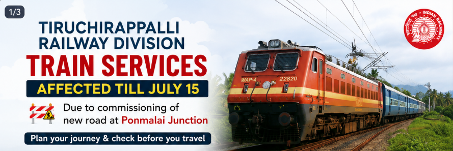 TrichyIT's tweet photo. Train Services in Tiruchirappalli Affected Till July 15: Full List of Cancelled and Short-Terminated Trains

Full details : https://t.co/KPPKkbe1gV

Follow us in Instagram : https://t.co/e6GoFp7Pmh

#trichy #trichyit https://t.co/JHIXh4euCb