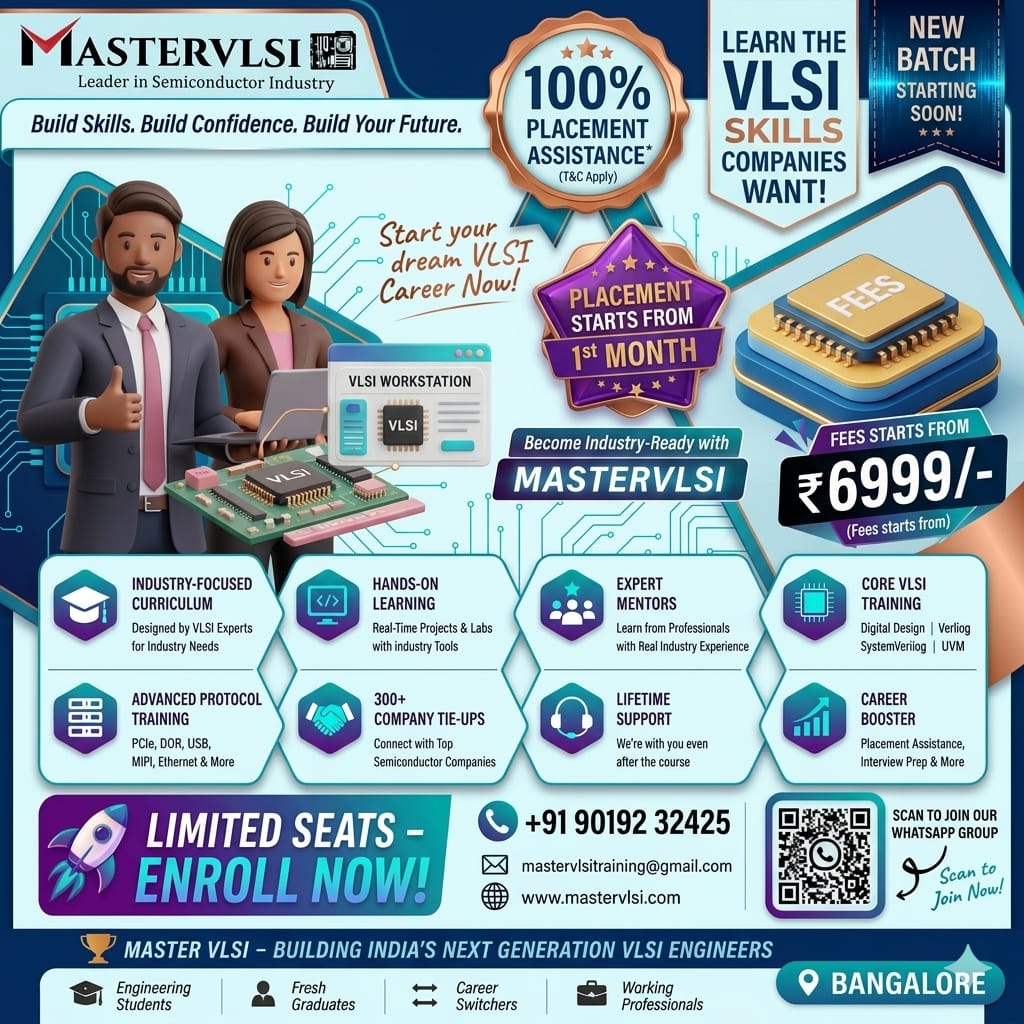 MasterVlsi's tweet photo. 🚀 Ready to launch your career in the Semiconductor Industry?

📍 Bangalore
📞 +91 90192 32425
🌐 https://t.co/cG2wQOJizA
#MasterVLSI #VLSI #DesignVerification #Semiconductor #ASIC #RTLDesign #SystemVerilog #UVM #VLSIJobs #Engineering #TechCareers #Bangalore https://t.co/ZHiZG4eTVQ