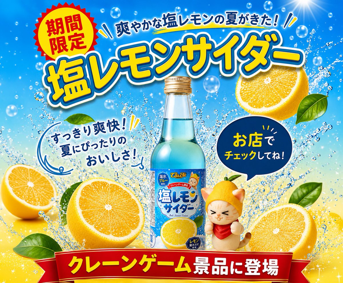 Catseye_Prize's tweet photo. 7月10日にキャッツアイゲーム全店に「キャッツアイ限定★塩レモンサイダー」が入荷しました🍋✨

しゅわっと爽やか！
夏にぴったりのドリンクです🌞

登場したばかりですが既に大好評💞

#期間限定 #数量限定 となっておりますのでお早めに💨
お近くのキャッツにレッツゴー✊ https://t.co/bkFvJszZU1