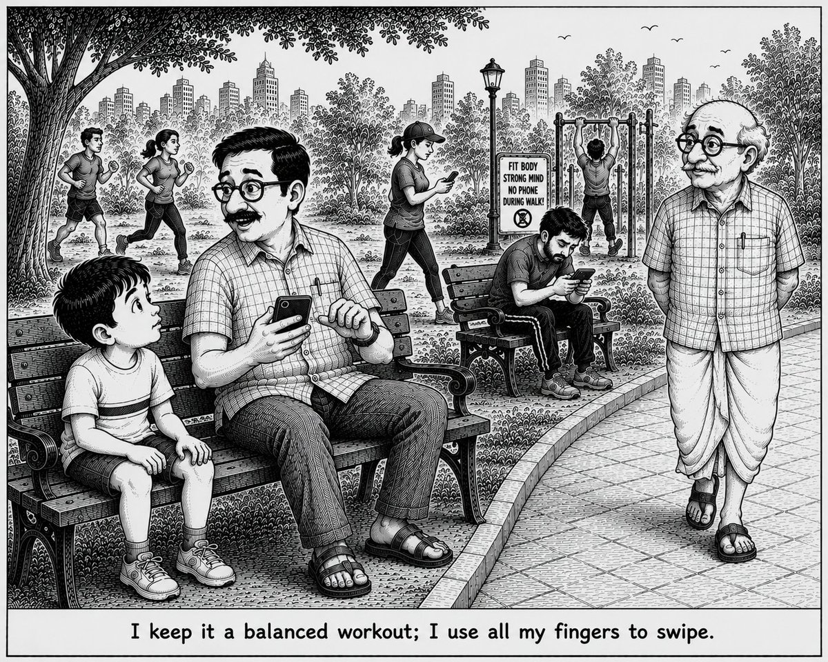 srichandis's tweet photo. If scrolling burned calories, I'd be in peak condition.

"I keep it a balanced workout; I use all my fingers to swipe."

#Cartoon #Humour #ScreenTime #Fitness #DigitalLife https://t.co/lJ3DvvoHw9