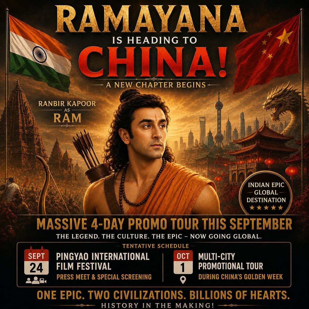 YourRanbir's tweet photo. 🚨 BIG UPDATE: #Ramayana is all set to conquer China! 🇮🇳➡️🇨🇳
The team is reportedly gearing up for a massive promotional campaign from September, with the lead cast expected to headline a 4-day tour.
#RanbirKapoor #Yash #SaiPallavi #Chaina #Film https://t.co/TvPXLDwoRD