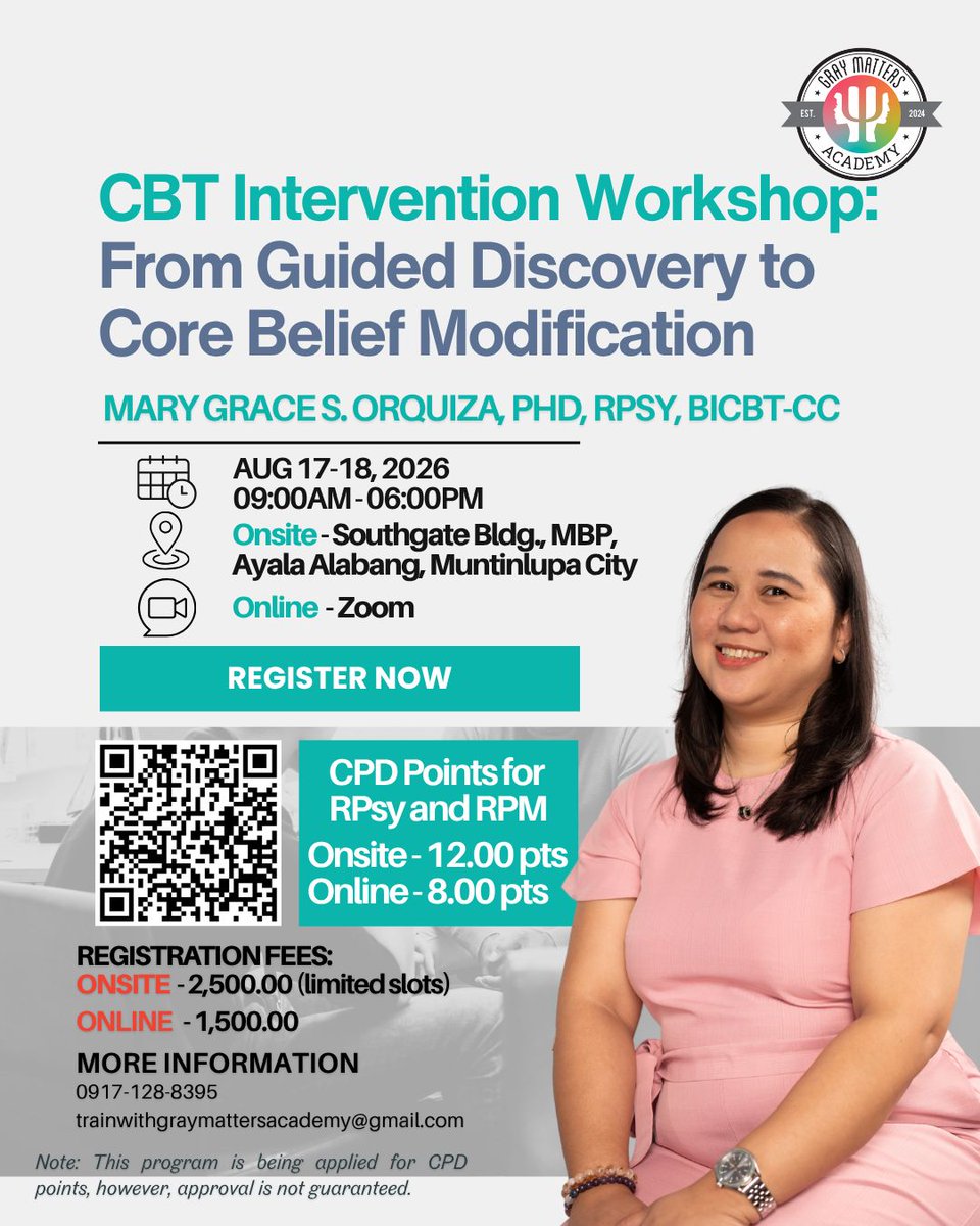GrayMattersPC's tweet photo. Have you ever felt that helping clients identify their automatic thoughts isn't enough to create change? Join our advanced CBT workshop to strengthen your ability to move beyond cognitive restructuring toward interventions that create deeper, more sustainable therapeutic outcomes https://t.co/bnnEVsGjTW