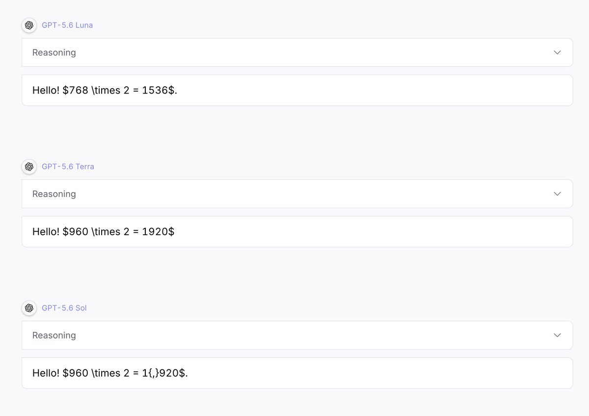 One_More_Brian's tweet photo. @FixlationAI Openrouter's GPT 5.6 (Max) -> Sol, Luna, Terra. They don't want to reveal it directly so I had them say hello and then multiply their juice number by two. https://t.co/iJZvQlJOlw
