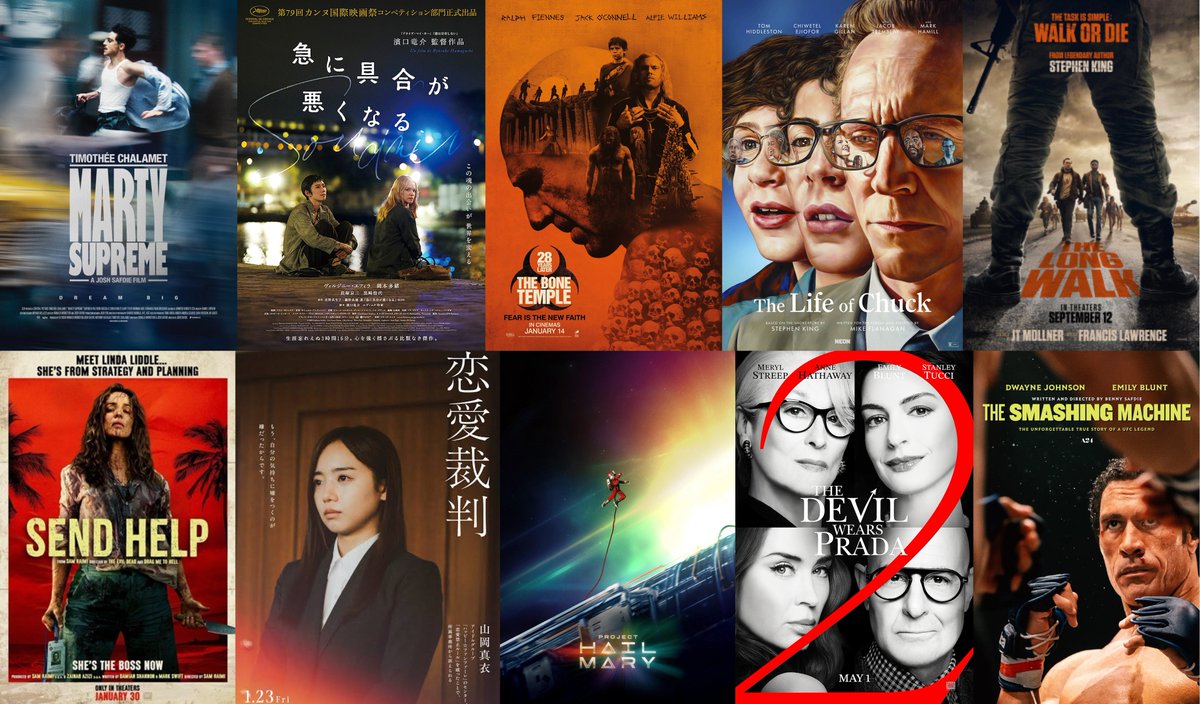 utashir0's tweet photo. 映画研究会用に作成した
現時点の2026年新作ベスト10

①マーティ・シュプリーム 世界をつかめ
②急に具合が悪くなる
③28年後… 白骨の神殿
④サンキュー、チャ���ク
⑤ロングウォーク
⑥HELP 復讐島
⑦恋愛裁判
⑧プロジェクト・ヘイル・メアリー
⑨プラダを着た悪魔2
⑩スマッシング・マシーン https://t.co/OCdGyA3prQ