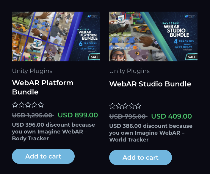 ImagineWebAR's tweet photo. At last, added this store feature — discounts based on the products you already own.

Unity has something similar with lite/major upgrades, but I’m taking it a step further by showing the specific asset that gave you the discount.

No more guessing why you got a different price. https://t.co/7gGji5P7gz