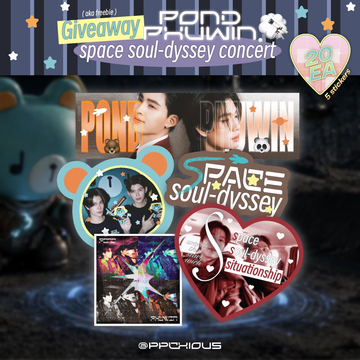 ppchious's tweet photo. giveaway / freebie❣️ 𝓟ond 𝓟huwin concert
✴︎ 𝓹𝓵𝓼 kindly rt ᚐ ֯ ♡⃘  🔭 𓈒

5 die-cut stickers ★ ★ ★ 𓈒 ⚠️ only 20 sets

📍 Sat, 22 August 
@ impact arena ( time tba )

rule — rt &amp; show this tweet
#PondPhuwinConcert 🐻🐼🎧
#PondPhuwin #ปอนด์ภูวินทร์ https://t.co/asqk0b6xDf