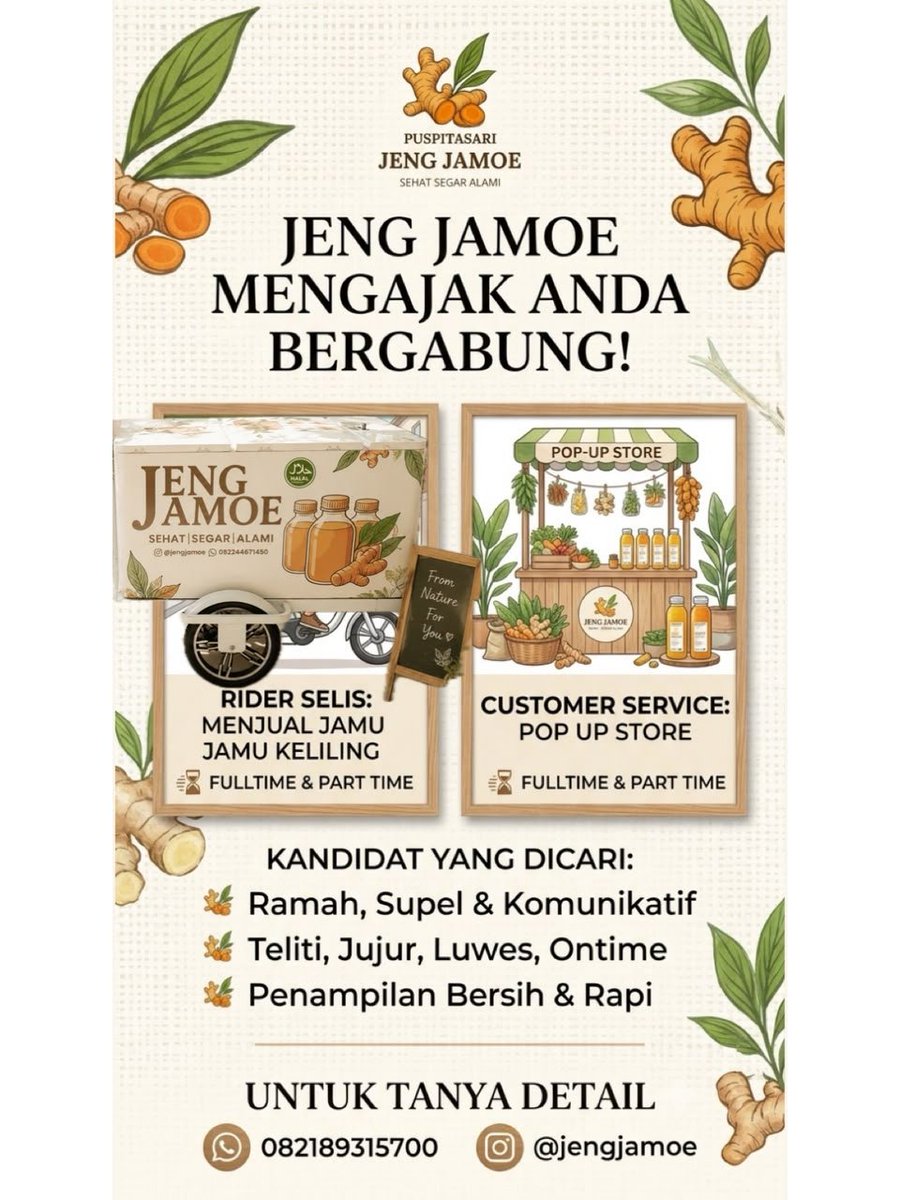 lowkerptk3's tweet photo. 🌿 Lowongan Kerja Pontianak 🌿

Jeng Jamoe sedang membuka kesempatan bergabung untuk posisi : 
- Rider Selis (Jual Jamu Keliling)
- Asisten Rumah Tangga (Pulang Pergi) https://t.co/VKUJsEVkJJ