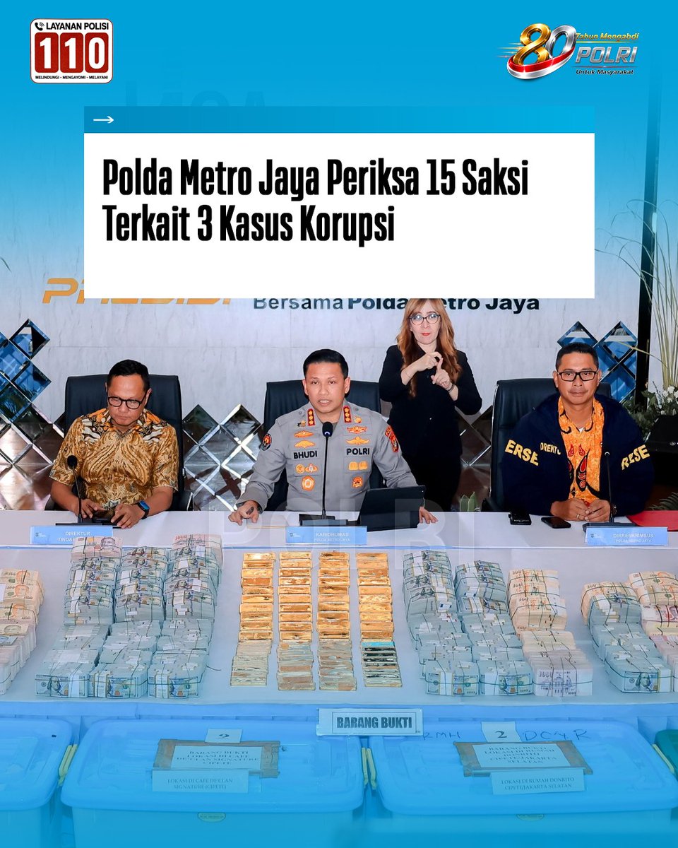 Polres_ME's tweet photo. Polda Metro Jaya terus melakukan penyelidikan terhadap tiga kasus dugaan korupsi dan belum menetapkan tersangka. Hingga Jumat (10/7), penyidik telah memeriksa 15 orang saksi, termasuk seorang konglomerat berinisial TK.

Komitmen Polri Terus #KonsistenBerantasKriminalitas https://t.co/y6uTMYdgX3