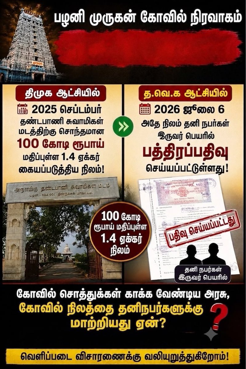 jill_online's tweet photo. திமுக கையகப்படுத்தி கோவிலுக்குத் தருமாம்!

இவனுங்க அந்த கோவில் நிலத்தை தனி நபர்களுக்கு விப்பானுங்களாம்!

👎👣 https://t.co/KrFpoT1y1t