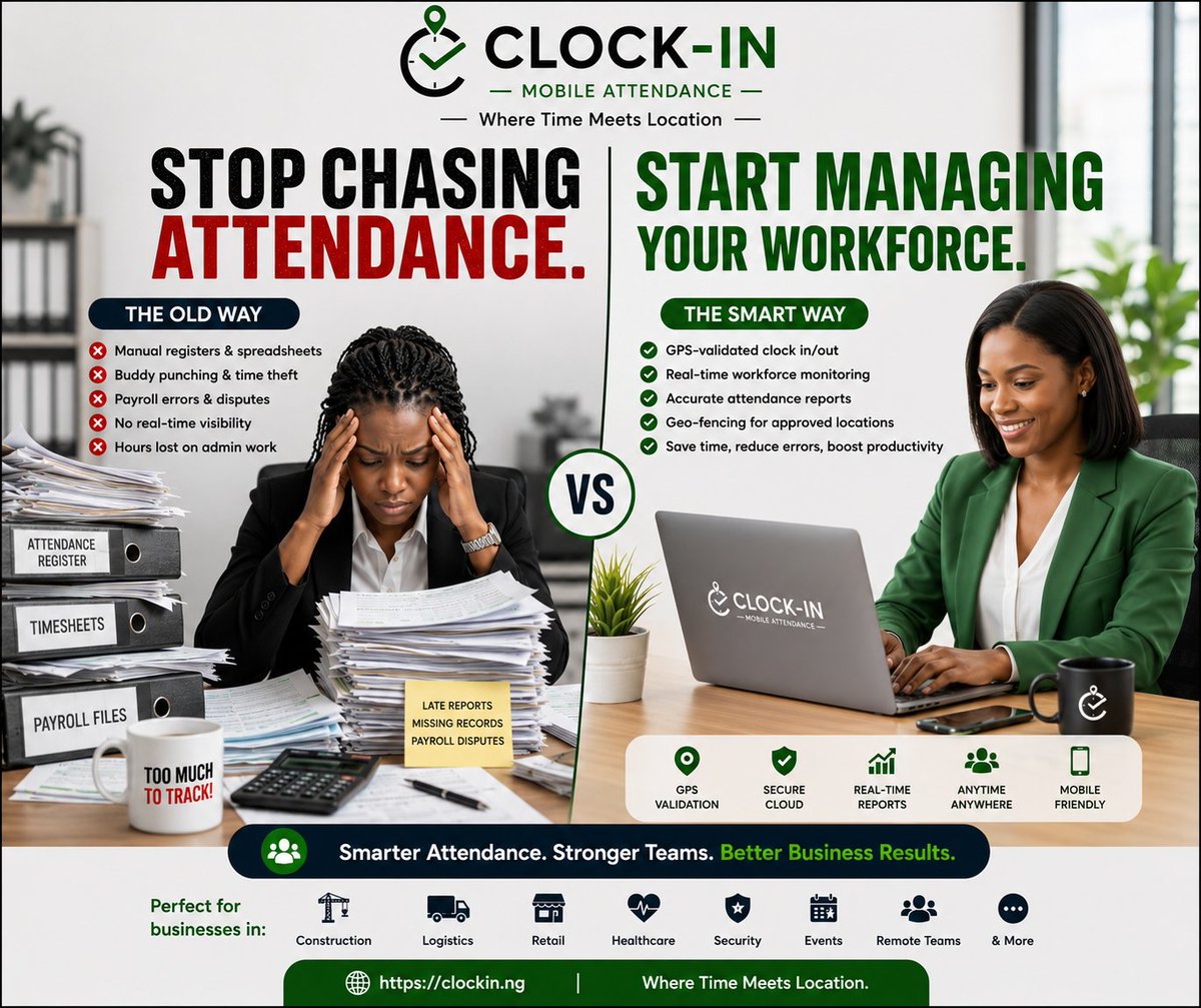 ClockInNG's tweet photo. Still using paper attendance sheets?
They're costing you more than you think.
• Payroll errors • Buddy punching • Missing records • Hours spent reconciling attendance.
It's time for smarter workforce management.

#HRNigeria #WorkforceManagement #ClockIn https://t.co/ySah3ThGRt