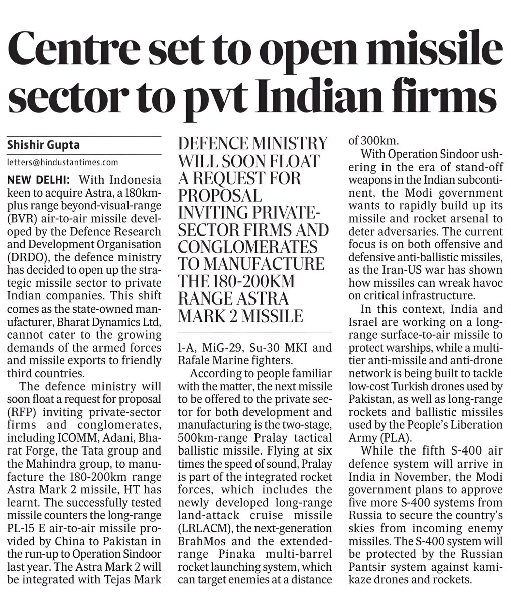 YeDesHaiMera's tweet photo. The decision to open India’s missile sector to private firms will accelerate innovation, scale production and boost India’s defence exports while meeting the armed forces’ requirements.@htTweets @UnivofDelhi @AICTE_INDIA https://t.co/1vE3ZYSnRn