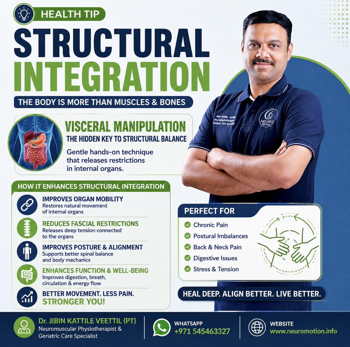 jibuphysio's tweet photo. 🧠 Your body is more than muscles &amp; bones.

Structural Integration restores whole-body alignment, while Visceral Manipulation improves the mobility of internal organs—helping reduce fascial tension, improve posture, and enhance movement. https://t.co/otcvhvwShT