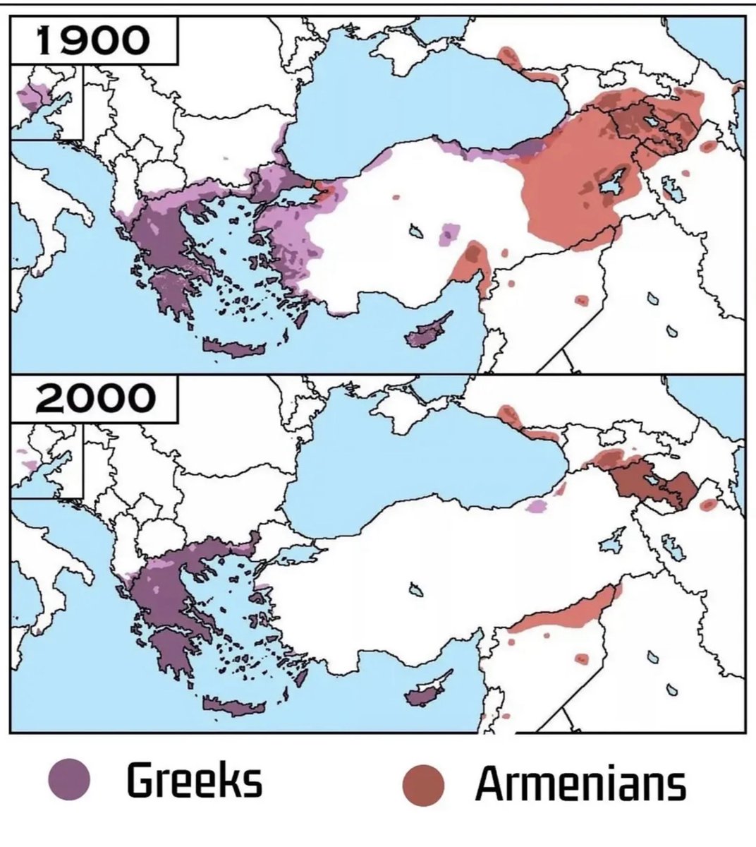 GlobalHye's tweet photo. WHERE DID THESE INDIGENOUS PEOPLE DIASAPEAR⁉️

A Century That Erased Ancient Homelands -

This map highlights one of the most dramatic demographic transformations of the 20th Century. In 1900, millions of Greeks and Armenians lived across the Ottoman Empire, maintaining communities that had existed for centuries—many since antiquity.

Greeks had thriving populations in Smyrna (Izmir), Constantinople (Istanbul), Pontus along the Black Sea, Cappadocia, Eastern Thrace, the Aegean coast, and Cyprus. These communities built churches, schools, businesses, and preserved the Greek language and Orthodox faith for generations.

Armenians formed one of the oldest Christian civilizations in the world, with historic populations spread throughout Western Armenia (eastern Anatolia), Cilicia, and the Caucasus. Their monasteries, cities, and cultural heritage dated back over 2,000 years.

The collapse of the Ottoman Empire brought immense tragedy. Between 1913 and 1923, the region witnessed the Greek Genocide, the Armenian Genocide, and the persecution of other Christian minorities. Hundreds of thousands were killed, while many more were deported or forced to flee their ancestral homes.

The Burning of Smyrna in 1922 marked the end of one of the Eastern Mediterranean’s greatest Greek cities, and the 1923 Treaty of Lausanne formalized the compulsory population exchange between Greece and Turkey. Around 1.5 million Orthodox Christians left Asia Minor for Greece, while approximately 500,000 Muslims moved from Greece to Turkey. Constantinople’s Greek community remained exempt from the exchange, but its numbers declined sharply over the following decades due to discriminatory policies, including the 1942 Wealth Tax, the Istanbul Pogrom of 1955, and the 1964 expulsions of many Greek nationals.

By the year 2000, once-vast Greek and Armenian populations across Asia Minor had largely disappeared, surviving mainly in Greece, Armenia, Cyprus, and diaspora communities around the world.

This map is more than a demographic comparison—it is a reminder of how war, genocide, persecution, and forced migration reshaped the Eastern Mediterranean, ending millennia-old communities whose cultural legacy still lives on today.

#archaeohistori