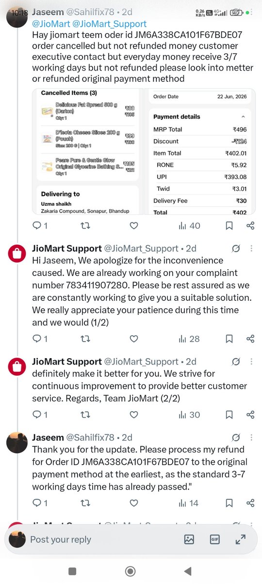 Nouserid82's tweet photo. @JioMart_Support @JioMart @consaff @Sahilfix78 @jagograhakjago लोगों की सर्विस पूरी तरह से फ्रॉड और स्कैम बन चुकी है! मेरा ₹402 का रिफंड हफ्तों से अटका रखा है और आप सिर्फ रोबोट की तरह रटे-रटाए रिप्लाई भेज रहे हैं। क्या आप लोग कोई ठोस जवाब देने की स्थिति में नहीं हैं कि ��ेरा पैसा इतने दिनों से होल्ड क्यों है?  
इतनी लापरवाही और मानसिक परेशानी के बाद, मैंने अब कंज्यूमर फोरम में भी आधिकारिक शिकायत दर्ज कर दी है (ID: DOCAF/E/2026/0012777)। बाकी सभी ग्राहकों को सावधान रहना चाहिए—JioMart पैसे लेकर रिफंड करने में ऐसी ही धोखाधड़ी करता है। मेरा रिफंड तुरंत जारी करें, वरना कानूनी कार्रवाई के लिए तैयार रहें।"  #JioMart #ConsumerRights #CustomerService #FraudAlert #JioMartFraud #JagoGrahakJago #ConsumerForum #OnlineShoppingFraud #RefundDelay #RelianceRetail