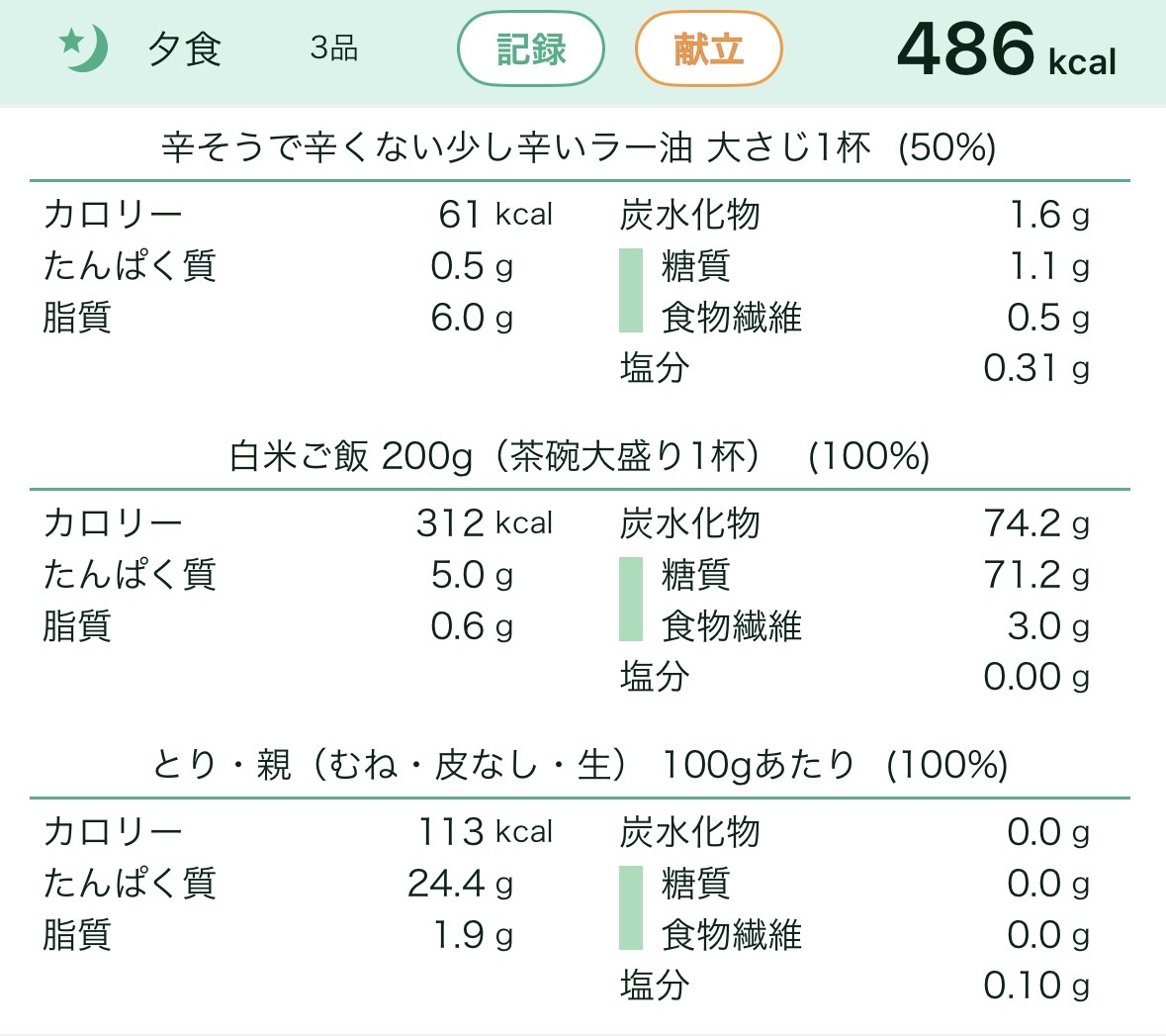 PRSW_KenKo's tweet photo. カロミルに記録されていた、脂質39.1gの日の食事

朝：EAA、たんぱく質が摂れるチキンロール
昼：ざるそば、鶏むねの唐揚げ、納豆
夜：鶏むねとかけるラー油の丼ぶり
間食：ロールケーキ、パルテノ

たんぱく質は110g。
唐揚げもロールケーキも食べています。

脂質を抑える日は、揚げ物やお菓子を抜く日じゃない
何を選ぶかだけ！

#脂質制限 #カロミル #PFCバランス