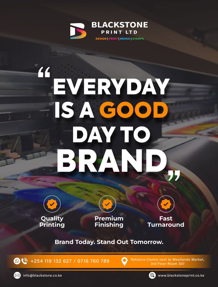 Blackstoneke's tweet photo. Everyday is a good day to brand. 

From quality printing to premium finishing, we’re here to make your business stand out. Don't wait for the "right time", make today the day you level up your brand. 

📞 Call +254119132627 

#Branding #PrintingServices #PrintWithUs https://t.co/6nanLMBNIr