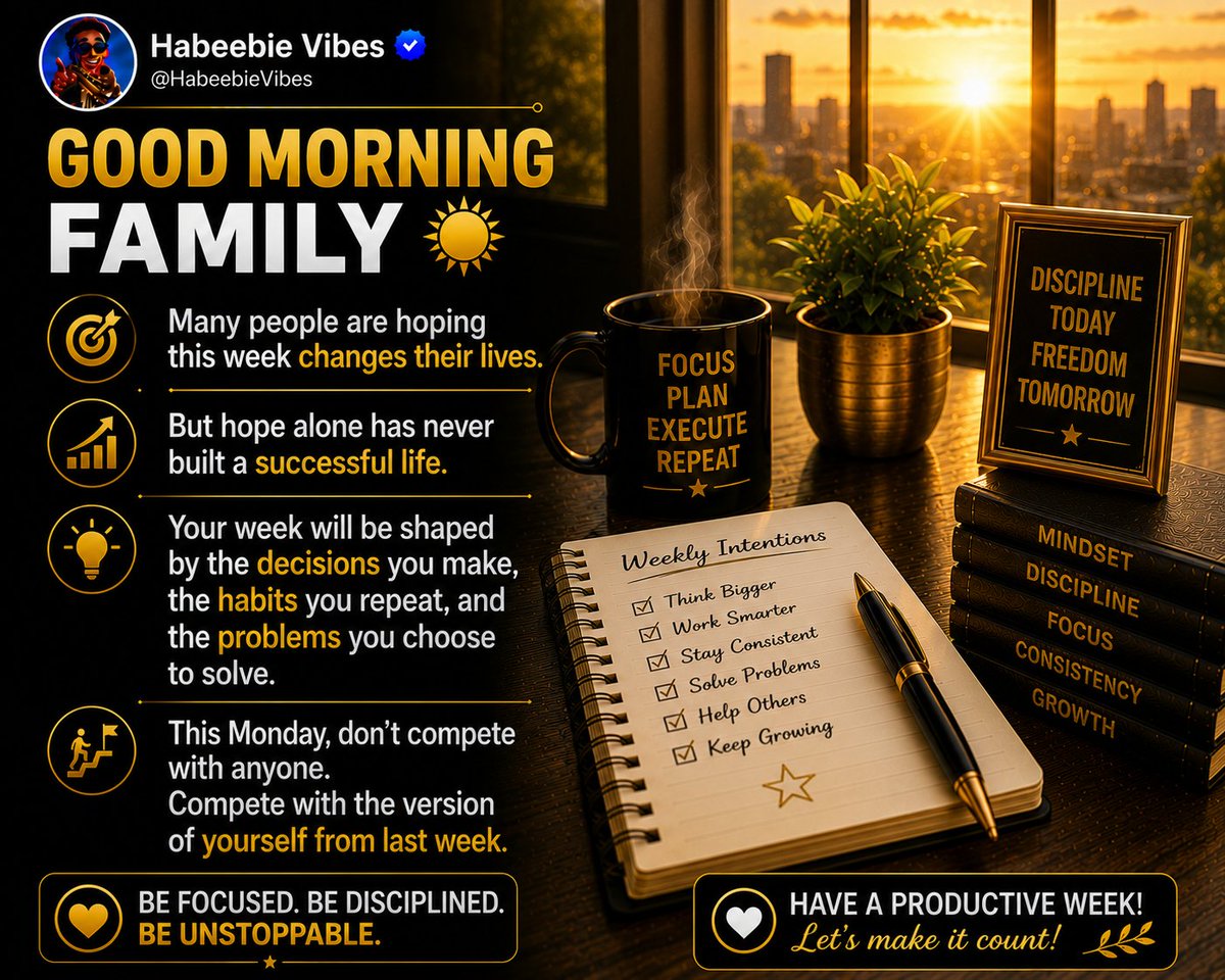 HabeebieVibes's tweet photo. GOOD MORNING FAMILY ๐
Its a brand-new weekโจ๏ธ!
Many people are hoping this week changes their lives.
But hope alone has never built a successful life.
๐ What is your number one goal for this week?
#DisciplineWins #BeWise #WealthBuilding #usa #neverstoplearning https://t.co/eye308mgfI