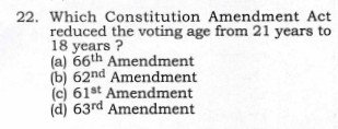upsckitaiyari's tweet photo. Q_. Which Constitutional Amendment Act reduced the voting age from 21 years to 18 years ❓#UPPSC https://t.co/81p3VNWsIS