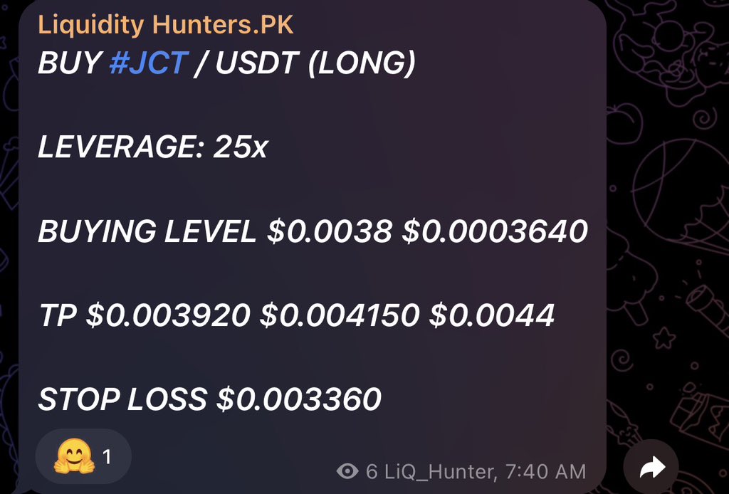 LiQ_Hunters's tweet photo. TRADE #JCT / USDT (LONG)

TARGET 1 HIT 🚀
TARGET 2 HIT 🚀 https://t.co/910v7mSxT7