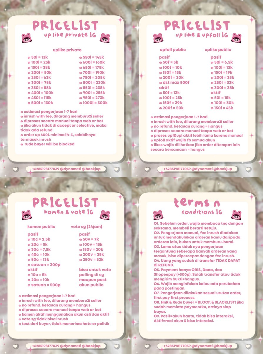 43O48's tweet photo. open jasa like, komen, vote, follow, repost ig instagram private dan publik, harga start 100p per akun. dikerjakan manual oleh manusia bukan web/bot.

• cocok buat lomba tugas kuliah poster paskibra sma
• testi 1k+
• ready 1-5k acc
• order chat @dynameti

#zonauang #zonaduit https://t.co/4uC2MbAzjY