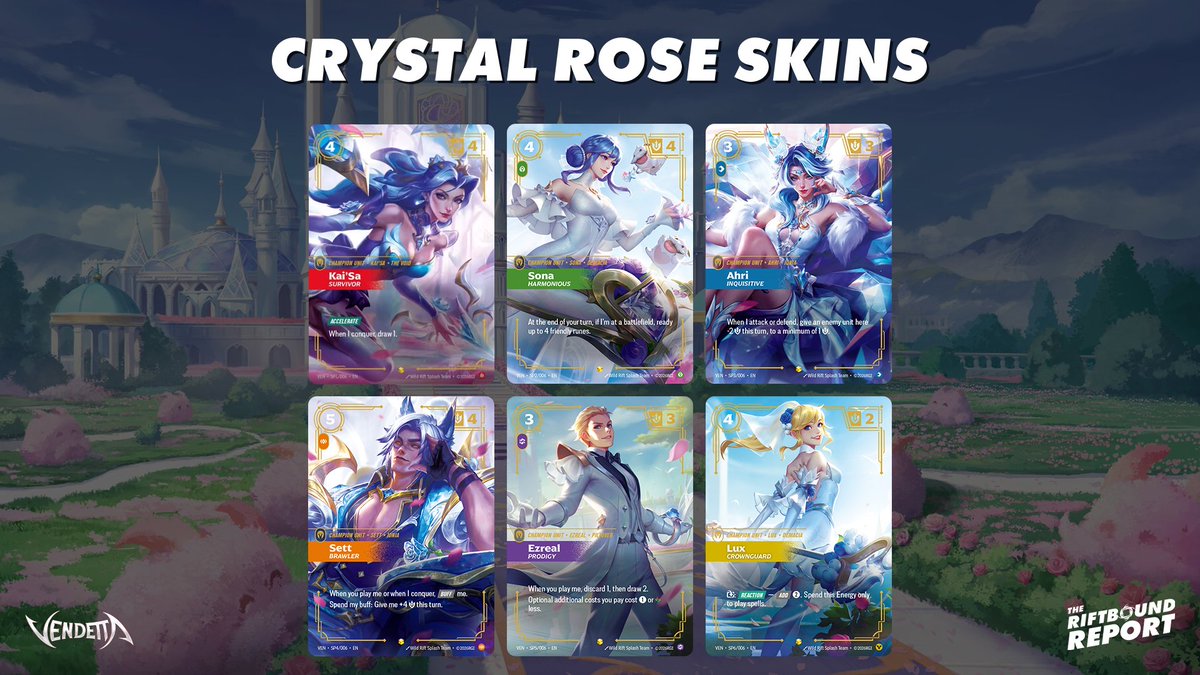RiftboundReport's tweet photo. In collaboration with Wild Rift, Riftbound will be releasing 6 alternative art cards, each featuring Wild Rift Crystal Rose Skins.

These alternative art cards will be available from Riftbound Vendetta Booster Packs.

• Kai'sa, Survivor
• Sona, Harmonious
• Ahri, Inquisitive
• Sett, Brawler
• Ezreal, Prodigy
• Lux, Crownguard

#RBVendetta