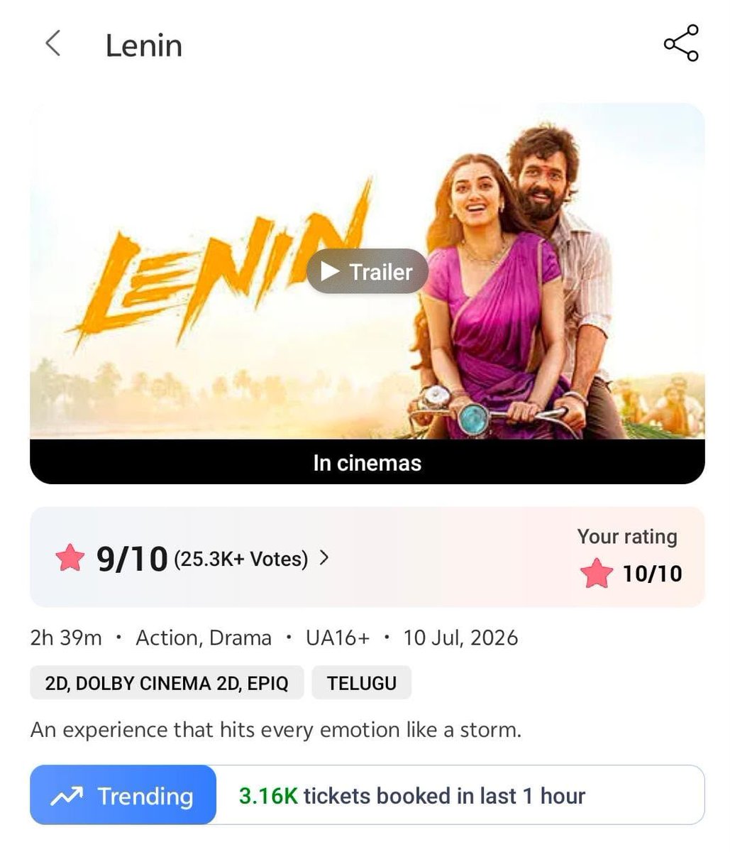 LetsXOtt's tweet photo. What a start to Monday 🔥🔥🔥

#LENIN shows absolutely no signs of slowing down. ❤️‍🔥

The blockbuster march continues with 3K+ tickets sold in the early hours itself trending strong on @BookMyShow 💥💥

This is just the beginning of another massive day 💪🏼💪🏼

#BlockbusterLENIN https://t.co/7cDrAG6WO0
