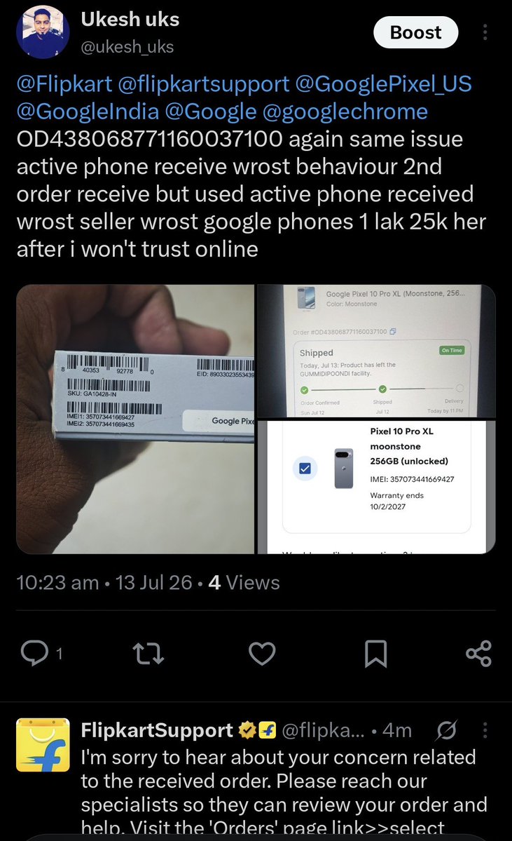 ukesh_uks's tweet photo. @TamilTechOffici can u help me bro 2 times order pixel phone but received already active mobile i will share ime can u confirm from your end it's really actived why mean we buying 1 lak 20k value amount also am seen offline Sangeetha same issue active received phone https://t.co/HGzQcsD5QB