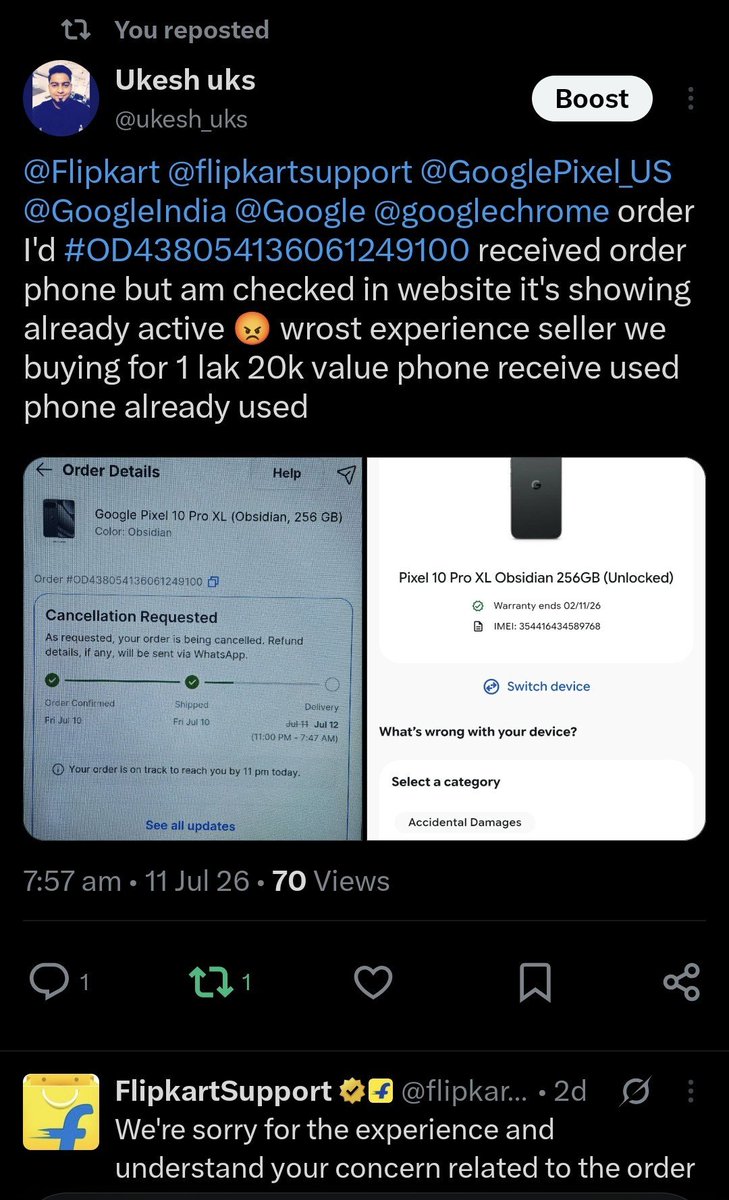 ukesh_uks's tweet photo. @TamilTechOffici can u help me bro 2 times order pixel phone but received already active mobile i will share ime can u confirm from your end it's really actived why mean we buying 1 lak 20k value amount also am seen offline Sangeetha same issue active received phone https://t.co/HGzQcsD5QB