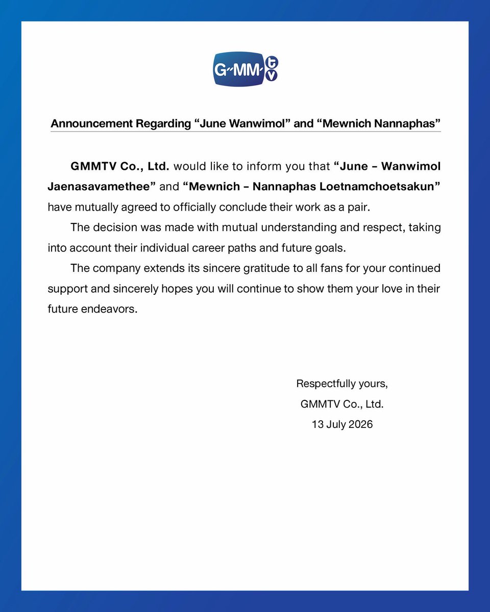 archivesGLs's tweet photo. GMMTV announced that June and Mewnich mutually agreed to conclude their work as a pair

No information was given regarding Love Echoes so far

© @GMMTV 

#JuneMewnich https://t.co/MaIlV8BP94